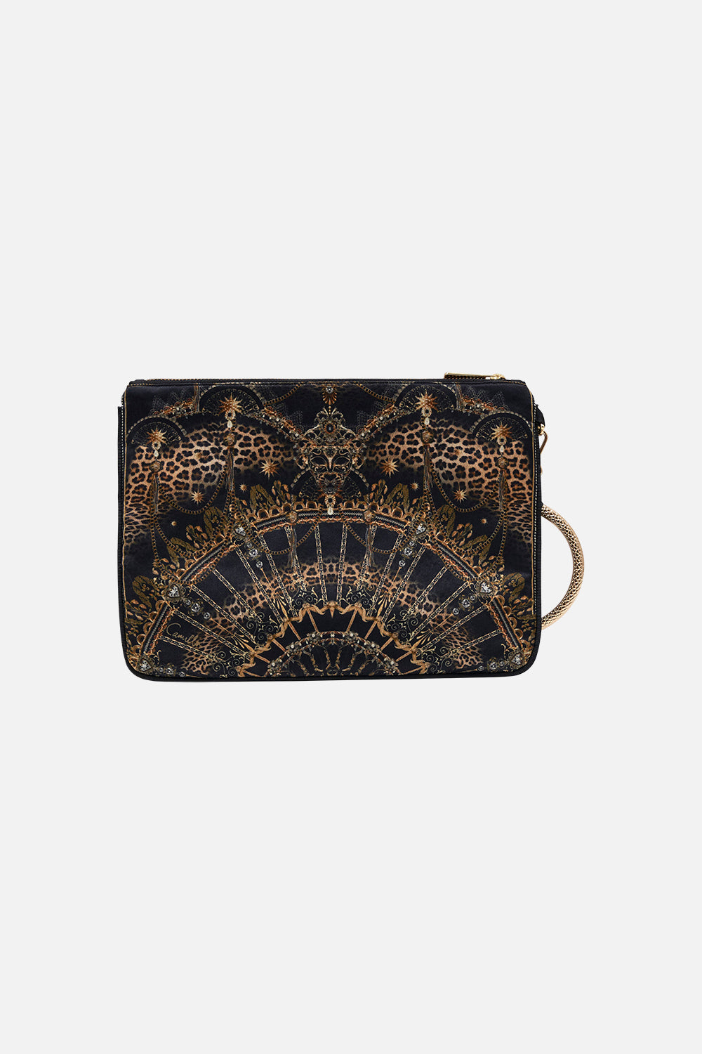 Product view of CAMILLA black and gold silk clutch in Masked at Moonlight print
