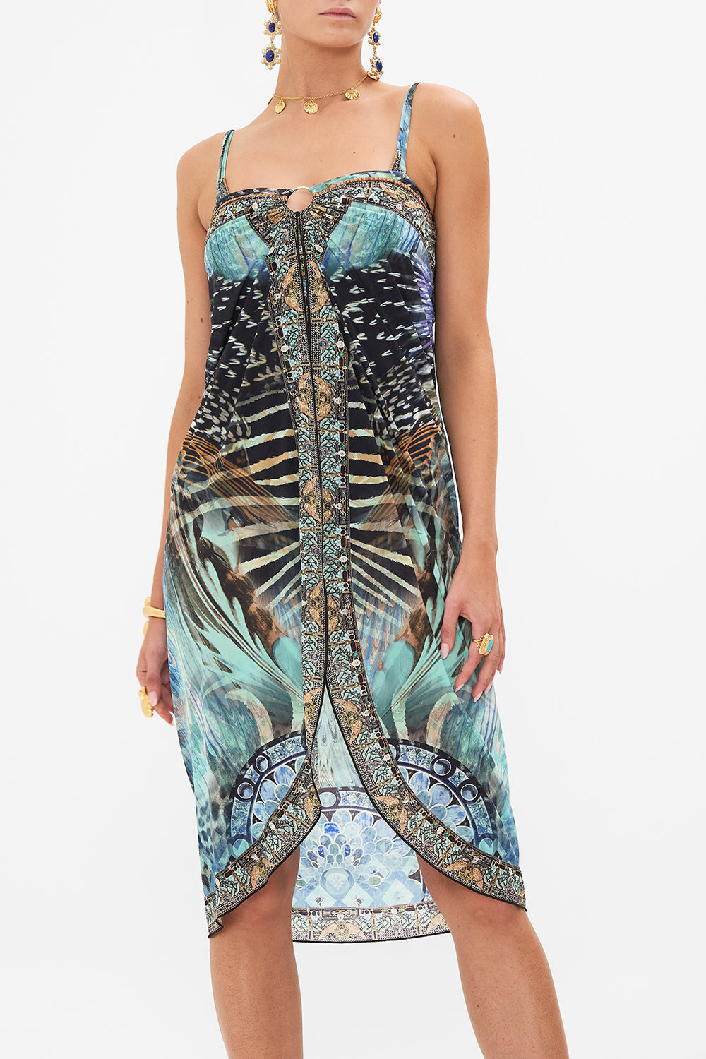 Crop view of model wearing CAMILLA resortwear sarong in Azure Allure