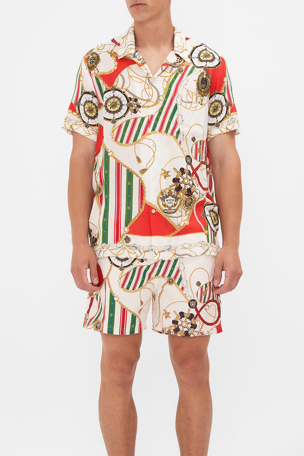 Crop view of model wearing Hotel Franks by CAMILLA mens camp collared shirt in Saluti Summertime print