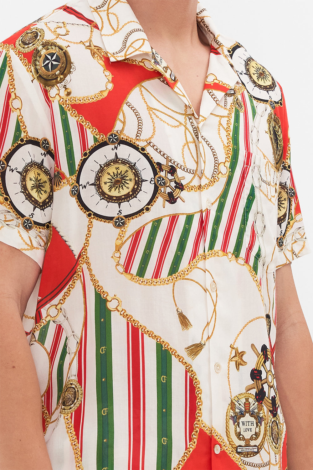 Detail view of model wearing Hotel Franks by CAMILLA mens camp collared shirt in Saluti Summertime print