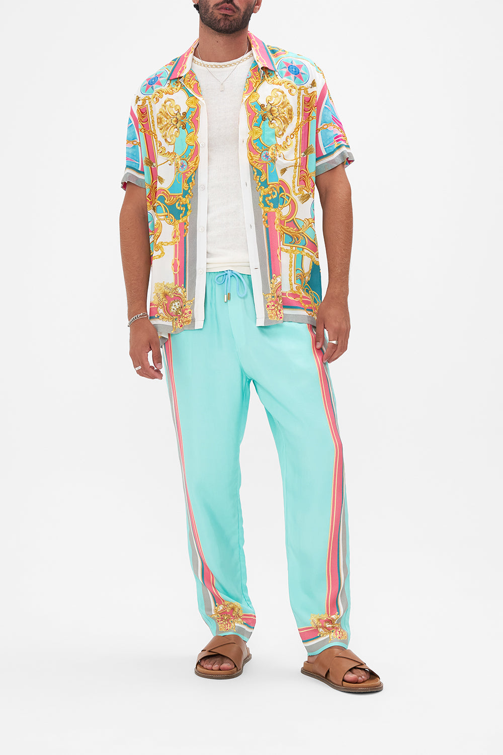 Front view of model wearing Hotel Franks By CAMILLA mens camp collared shirt in Sail Away With Me print