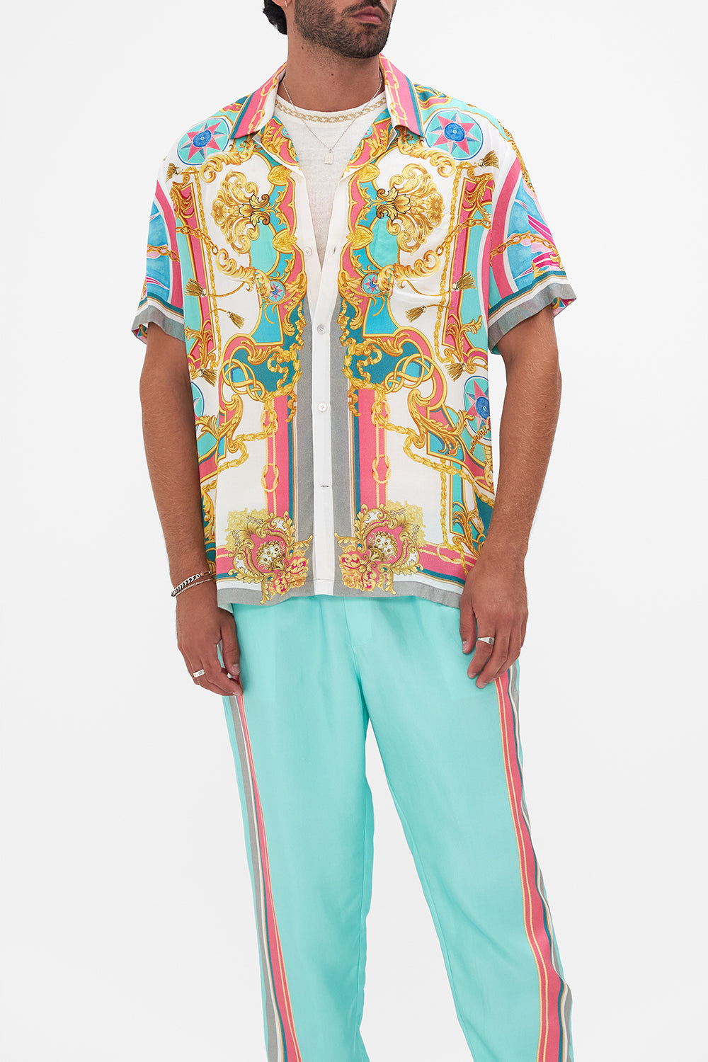 Crop view of model wearing Hotel Franks By CAMILLA mens camp collared shirt in Sail Away With Me print