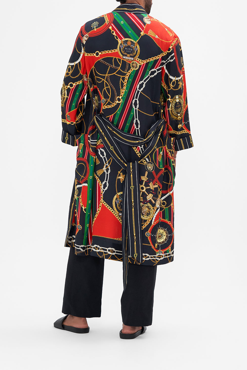 Back view of model wearing Hotel Franks by CAMILLA silk robe in Club Aperitivo print