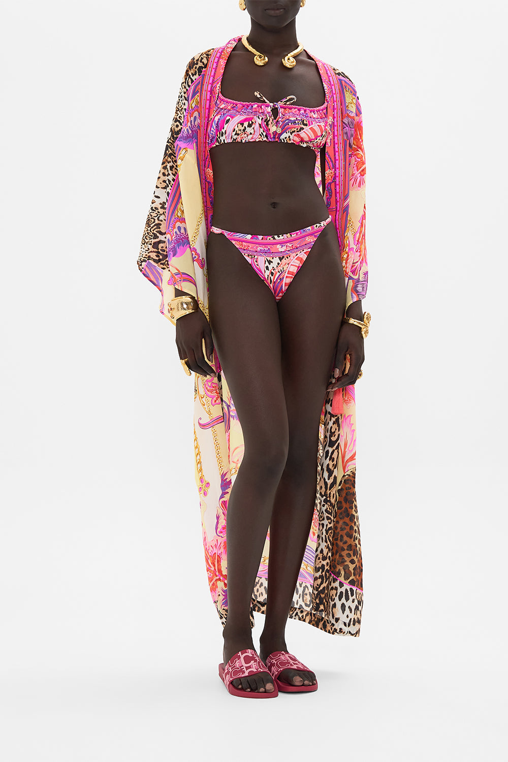 Detail view of model wearing CAMILLA designer crop top in Viola Vintage print