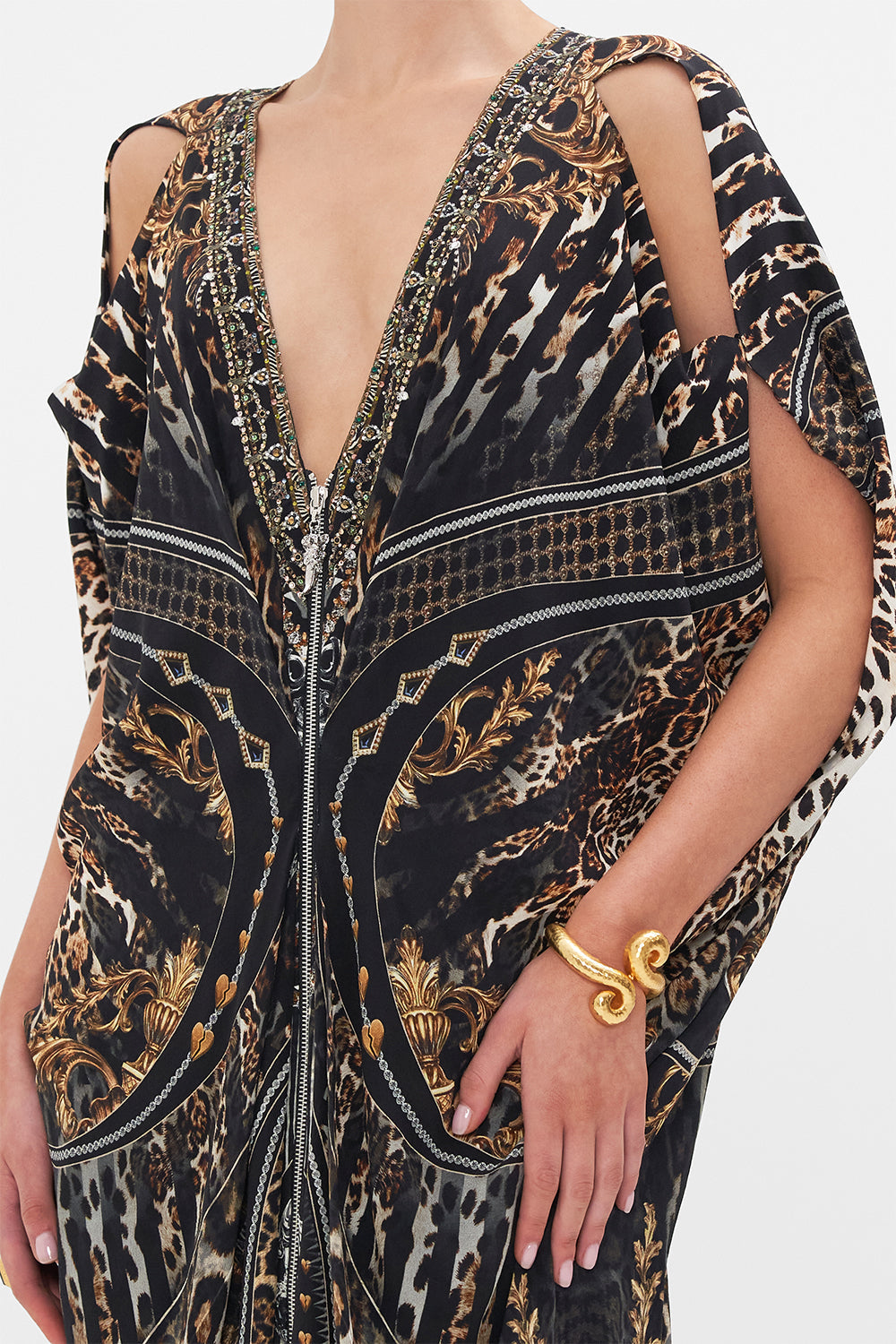 Detail view of model wearing CAMILLA silk maxi dress Chaos In The Cosmos animal print