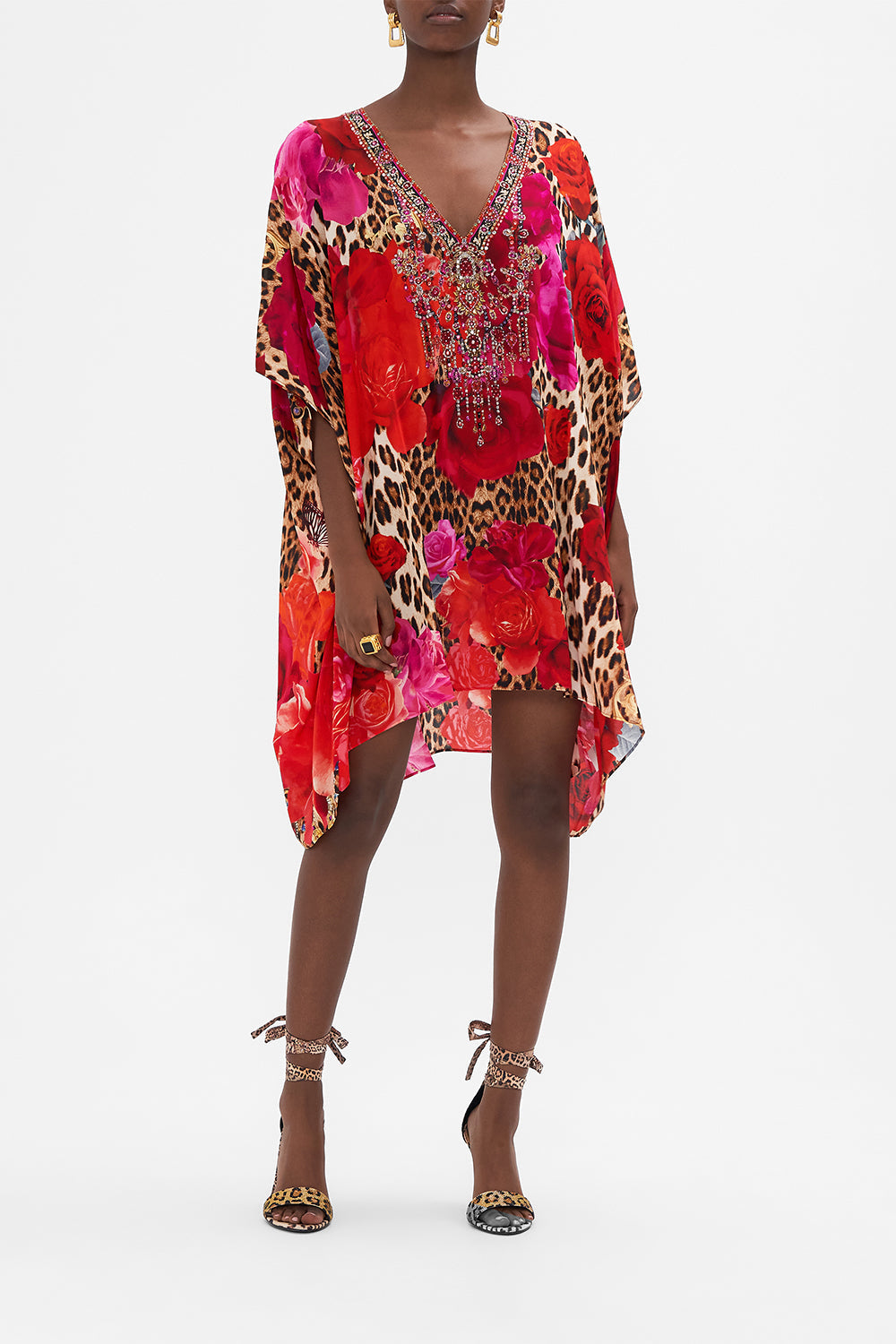Front view of model wearing CAMILLA floral silk kaftan in Heart Like A Wildflower print
