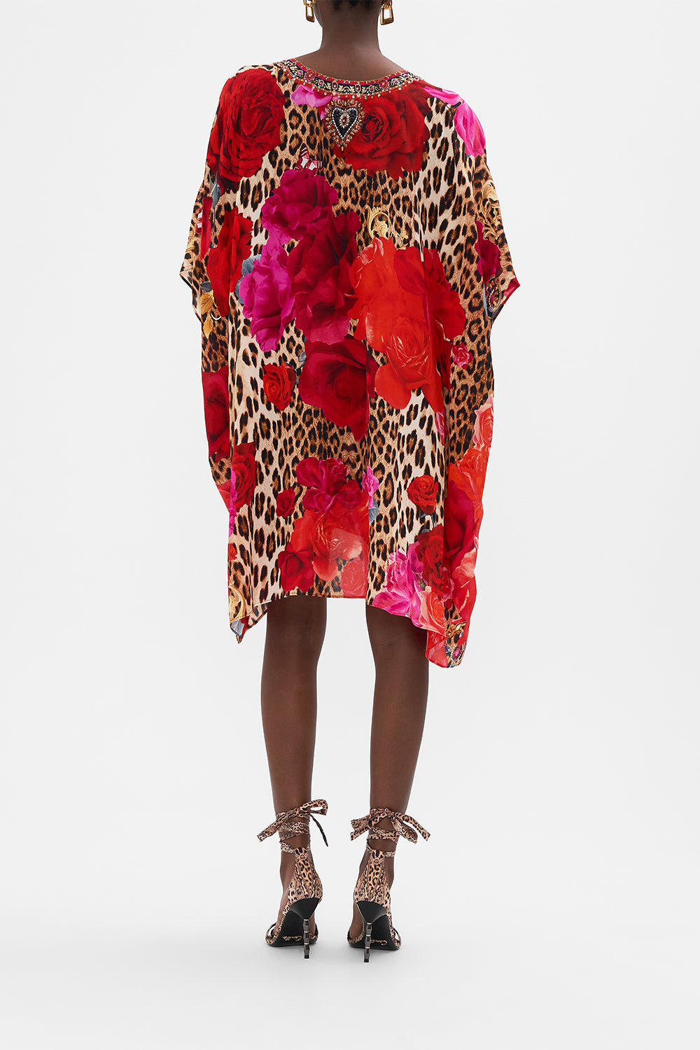 Back view of model wearing CAMILLA floral silk kaftan in Heart Like A Wildflower print