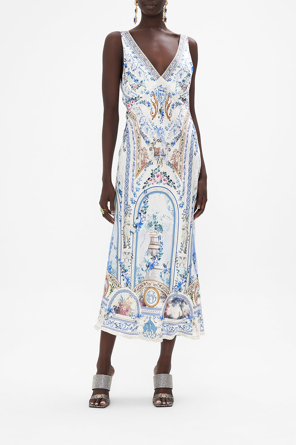 Front view of model wearing CAMILLA silk slip dress in Season of The Siren print