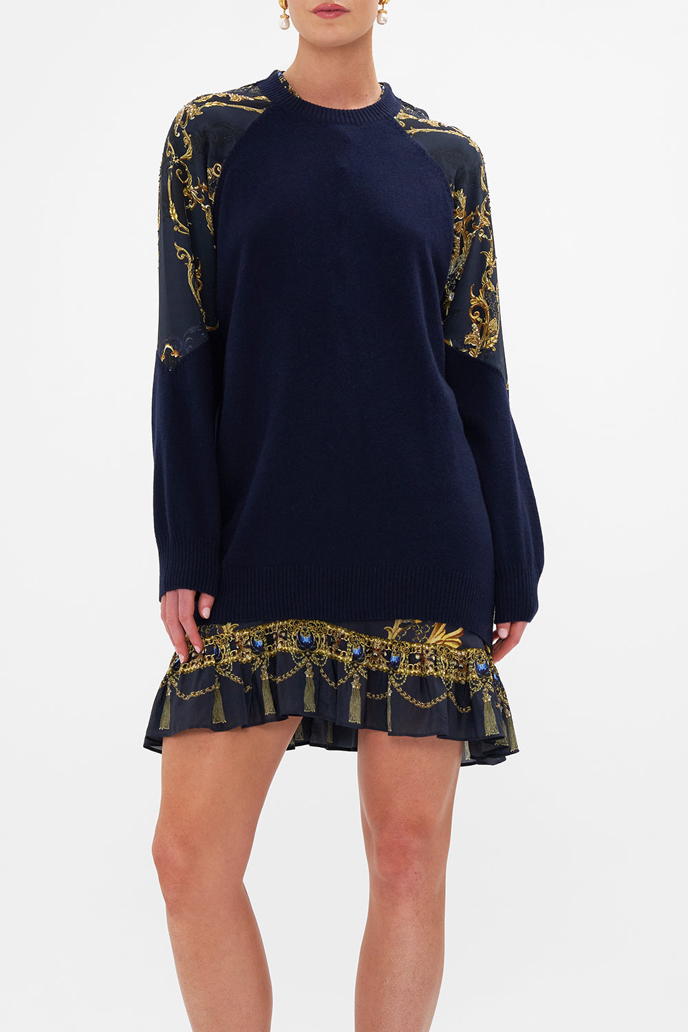 Crop view of model wearing CAMILLA navy knit jumper in Moonlight Melodies print