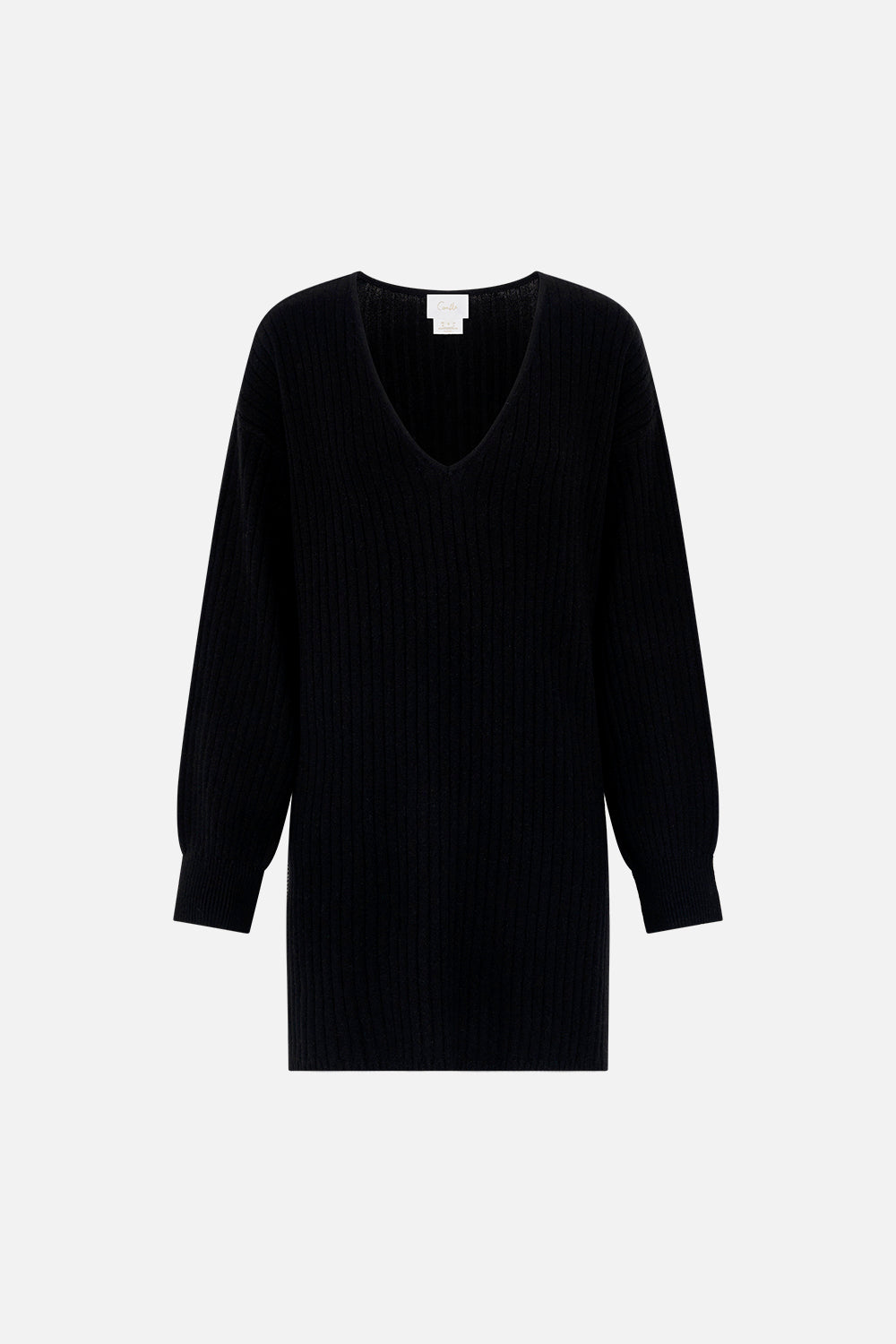 Product view of CAMILLA black v neck wool cashmere knit jumper in Lions Mane print