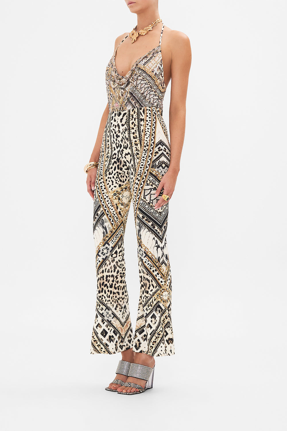 Side view of model wearing CAMILLA animal print bodysuit in Mosaic Muse