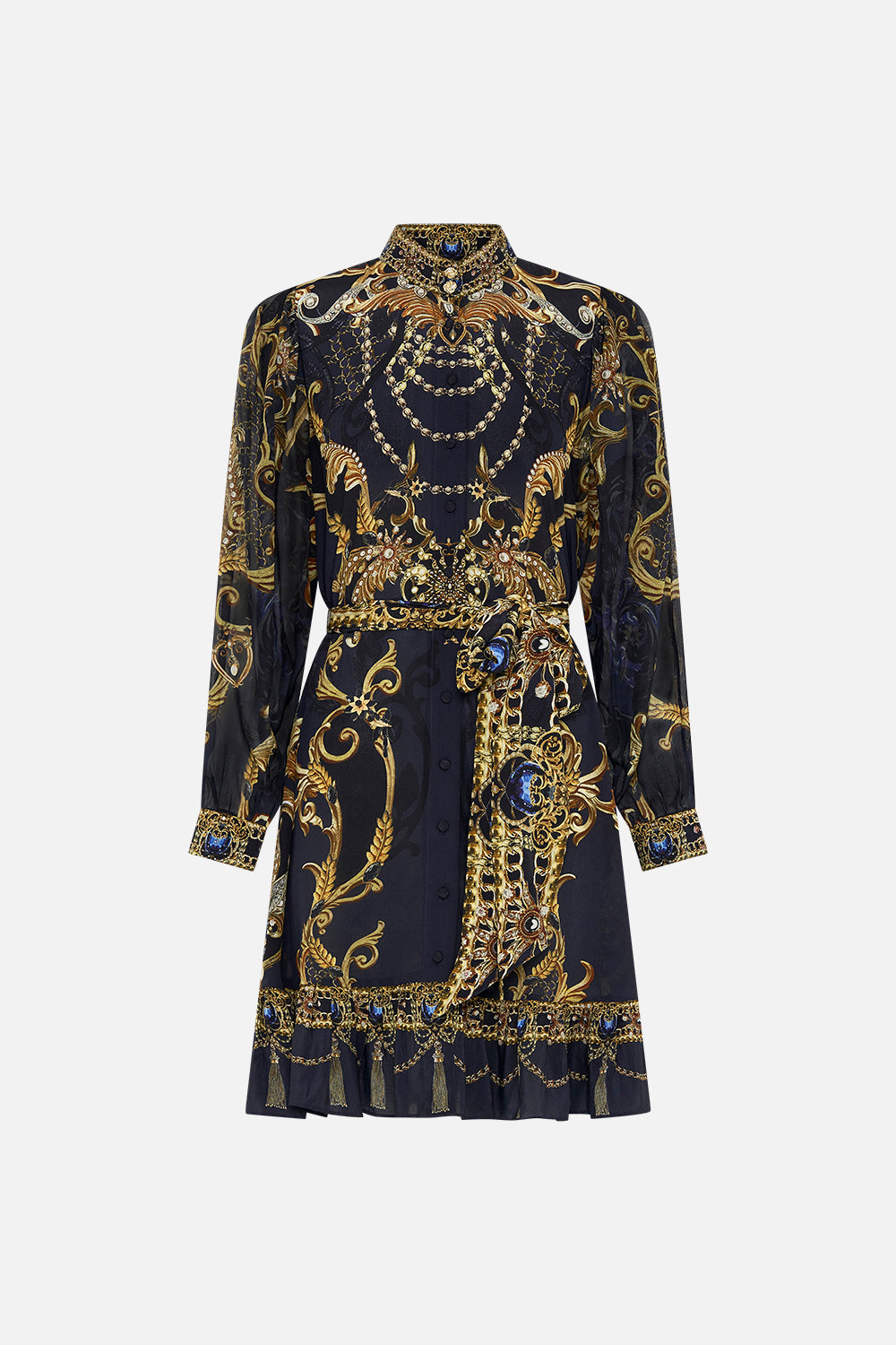 Front product view of CAMILLA silk shirt in Moonlight Melodies print