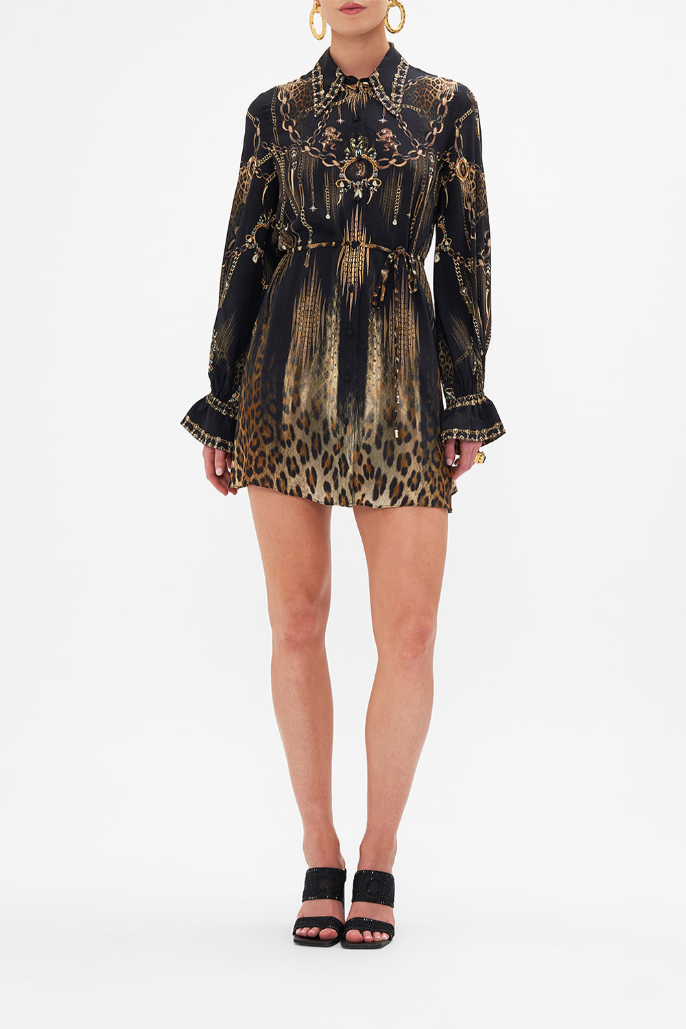 Front view of model wearing CAMILLA silk shirt dress in Jungle Dreaming print