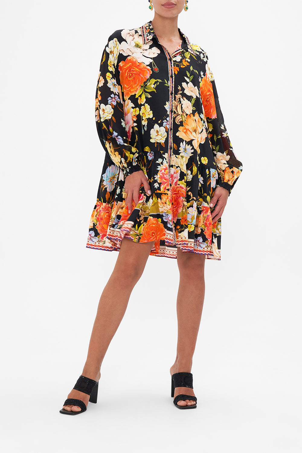 Front view of model wearing CAMILLA floral silk shirdress in Secret History print