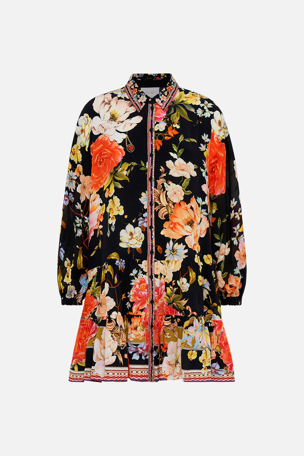 Front product view of CAMILLA floral silk shirdress in Secret History print
