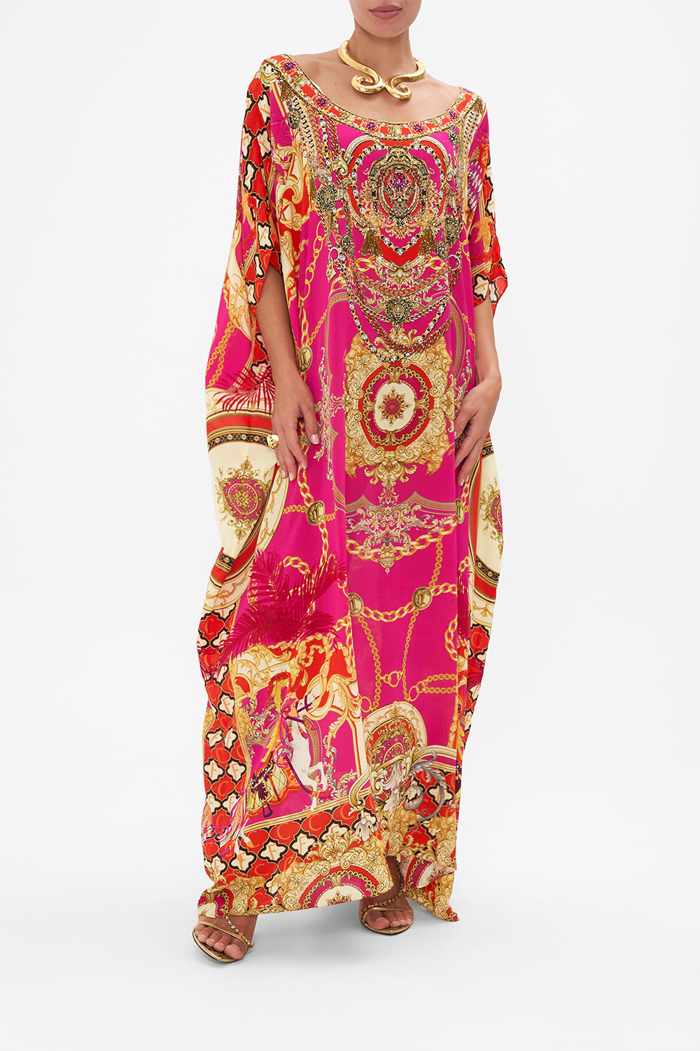 Front view of model wearing CAMILLA silk round neck kaftan in Wild And Running print