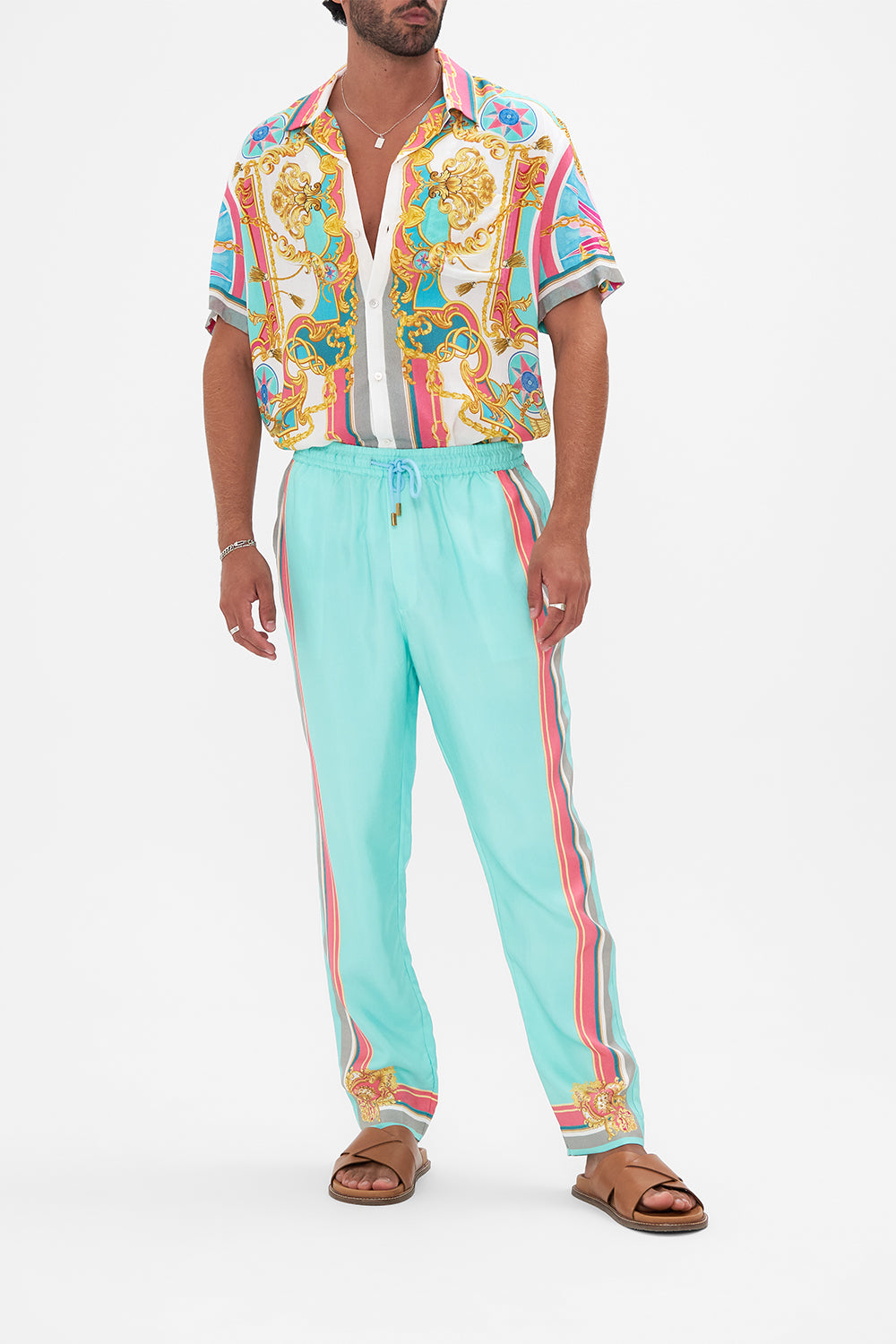 Front view of model wearing Hotel Franks by CAMILLA mens elasticated pant in Sail Away With Me print