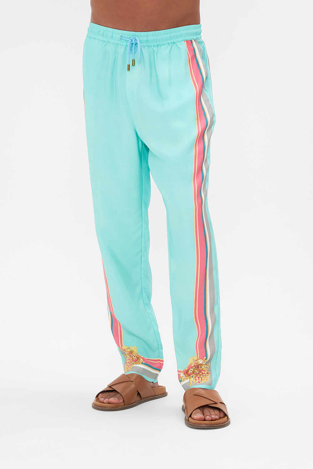 Crop view of model wearing Hotel Franks by CAMILLA mens elasticated pant in Sail Away With Me print