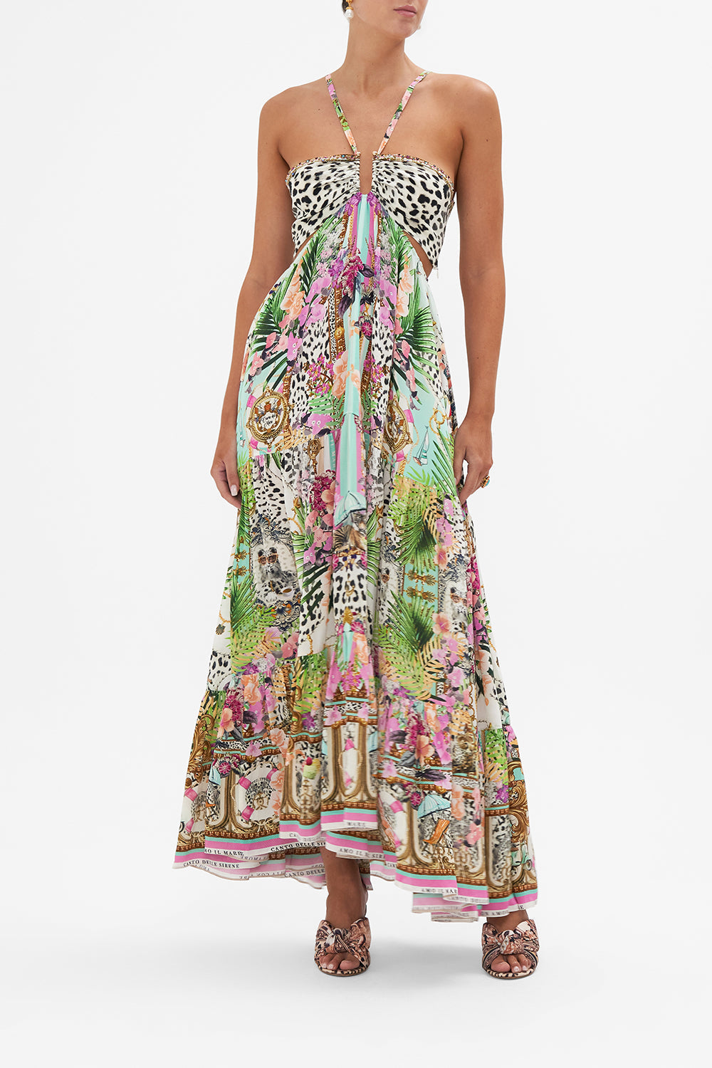 Front view of model wearing CAMILLA silk cut out dress in Dear Amore Mio print