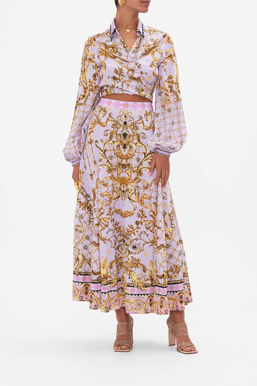 Front view of model wearing CAMILLA silk wrap top in Lavender Ever After print