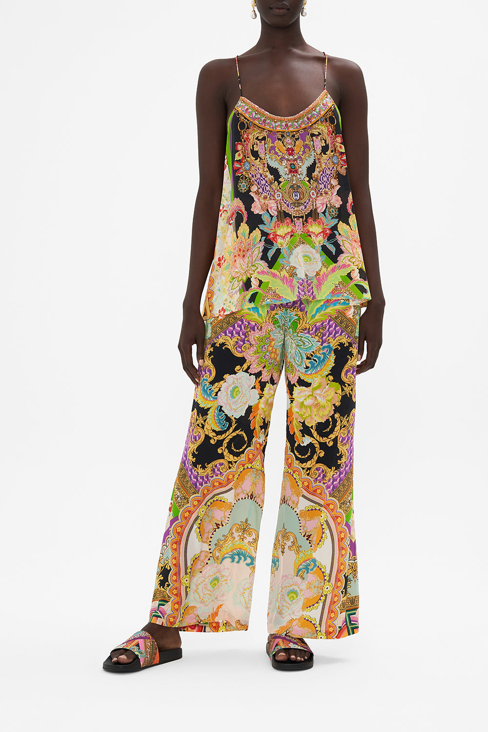 Front view of model wearing CAMILLA silk top in Sundowners in Sicily print