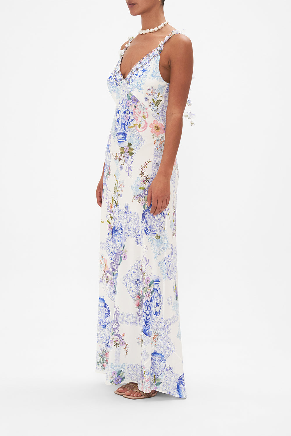 V NECK FULL LENGTH BIAS SLIP DRESS PAINT ME POSITANO