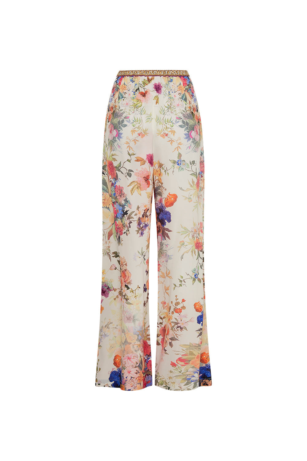 Video of model wearing CAMILLA silk wide leg pant in Friends with Frescos print