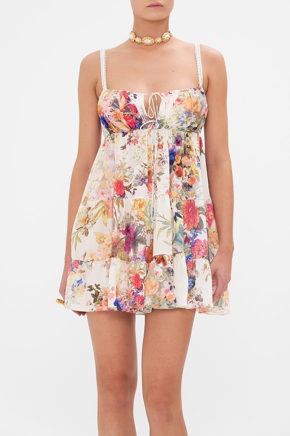GATHERED BUST TIERED MINI DRESS FRIENDS WITH FRESCOS