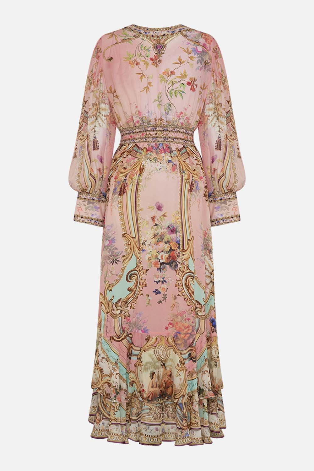 Video of model wearing CAMILLA pink silk maxi dress in Letters From The Pink Room print