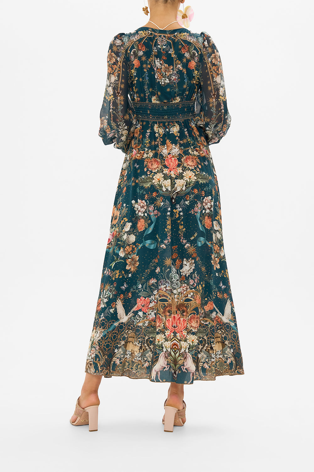 CAMILLA floral silk dress in She Who Wears The Crown print