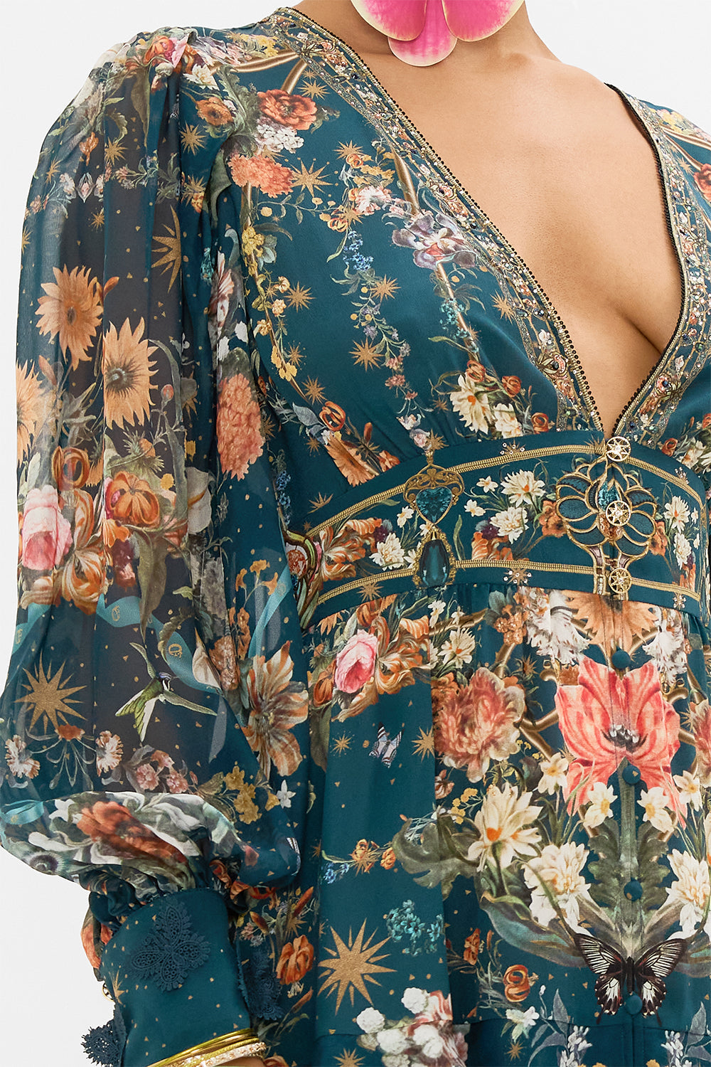 CAMILLA silk frill dress in She Who Wears The Crown print