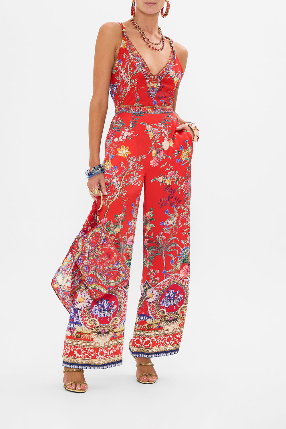 CAMILLA red floral print silk pants in The Summer Palace print
