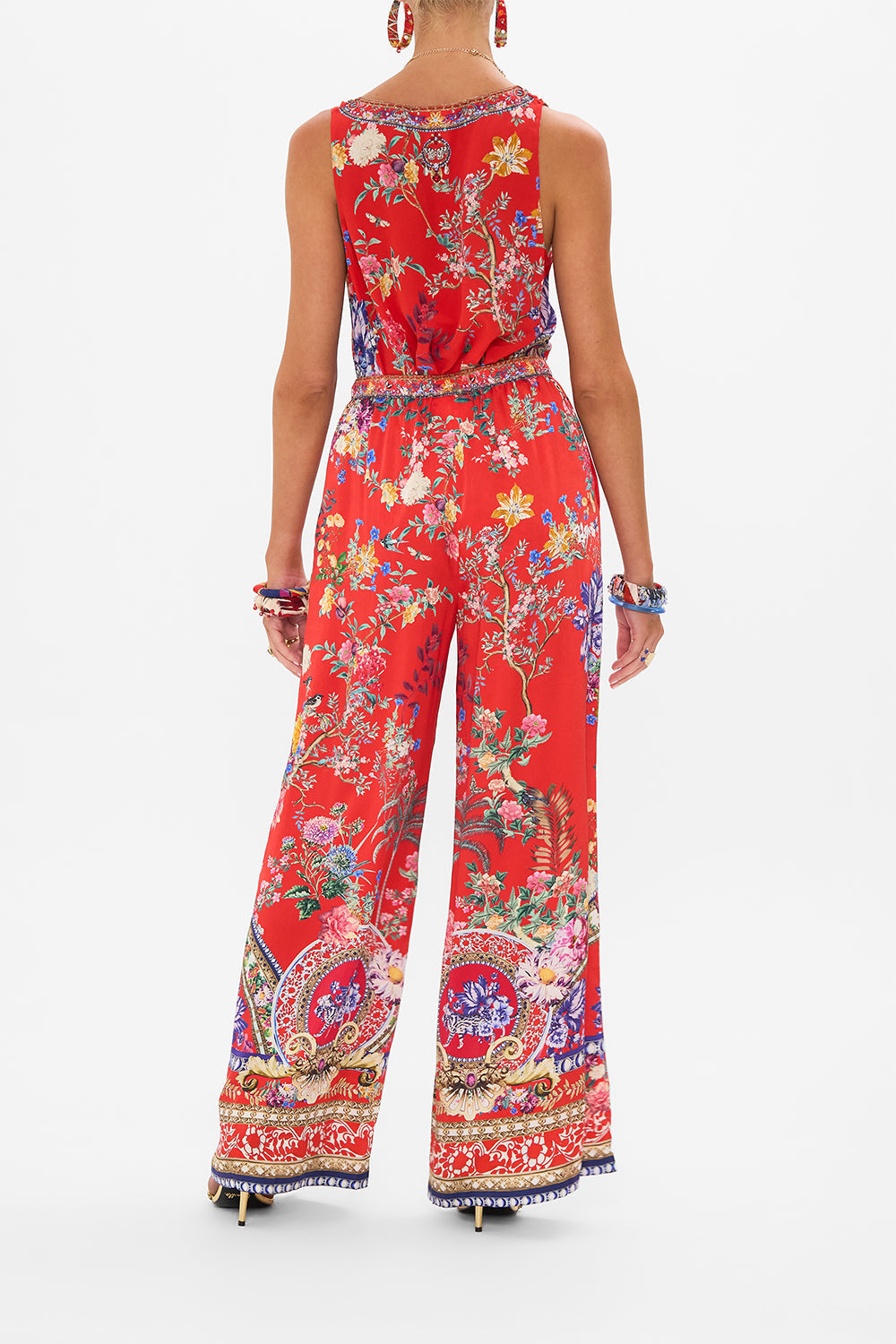CAMILLA red floral print silk pants in The Summer Palace print