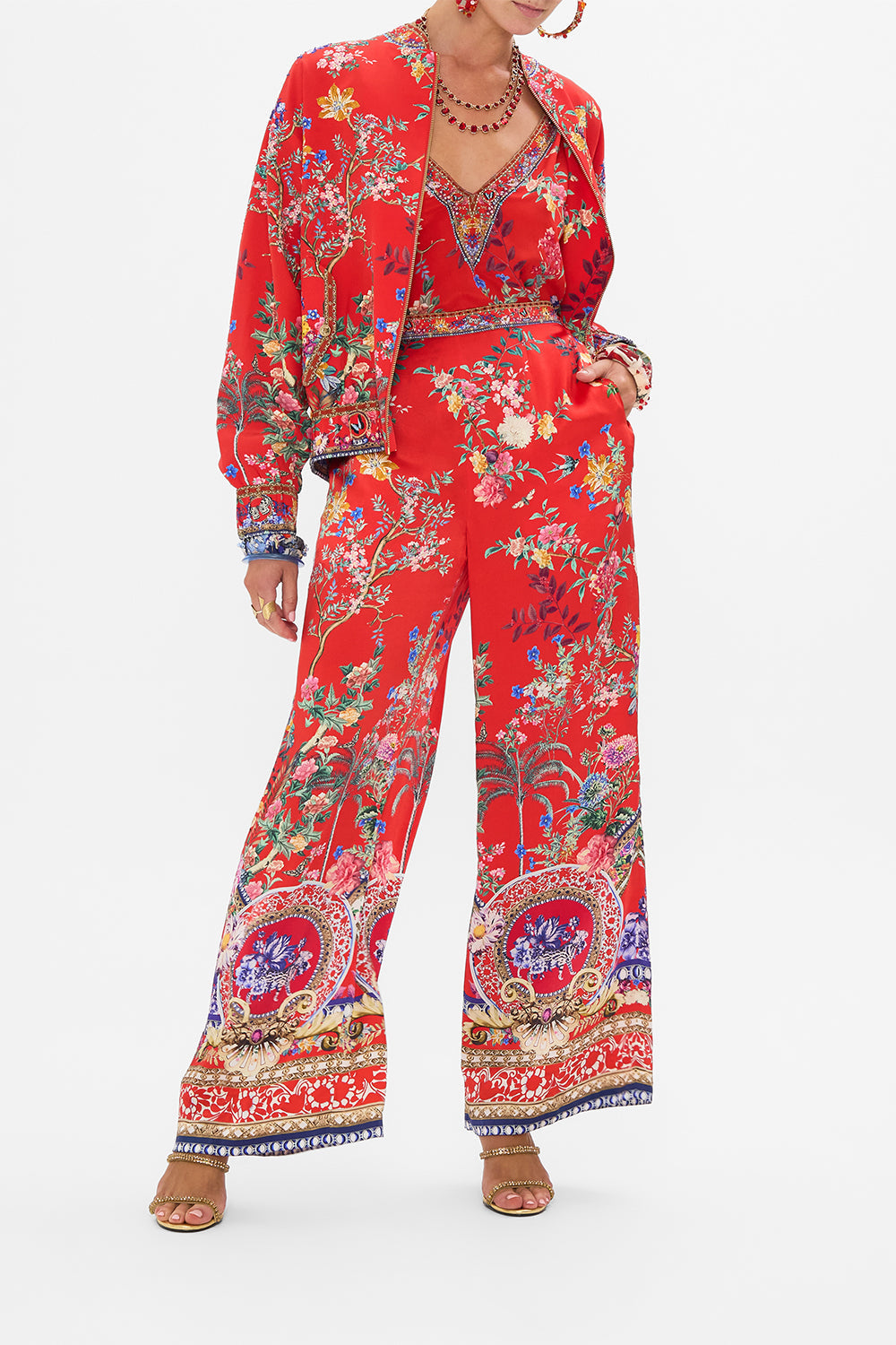 CAMILLA red floral print silk pants in The Summer Palace print