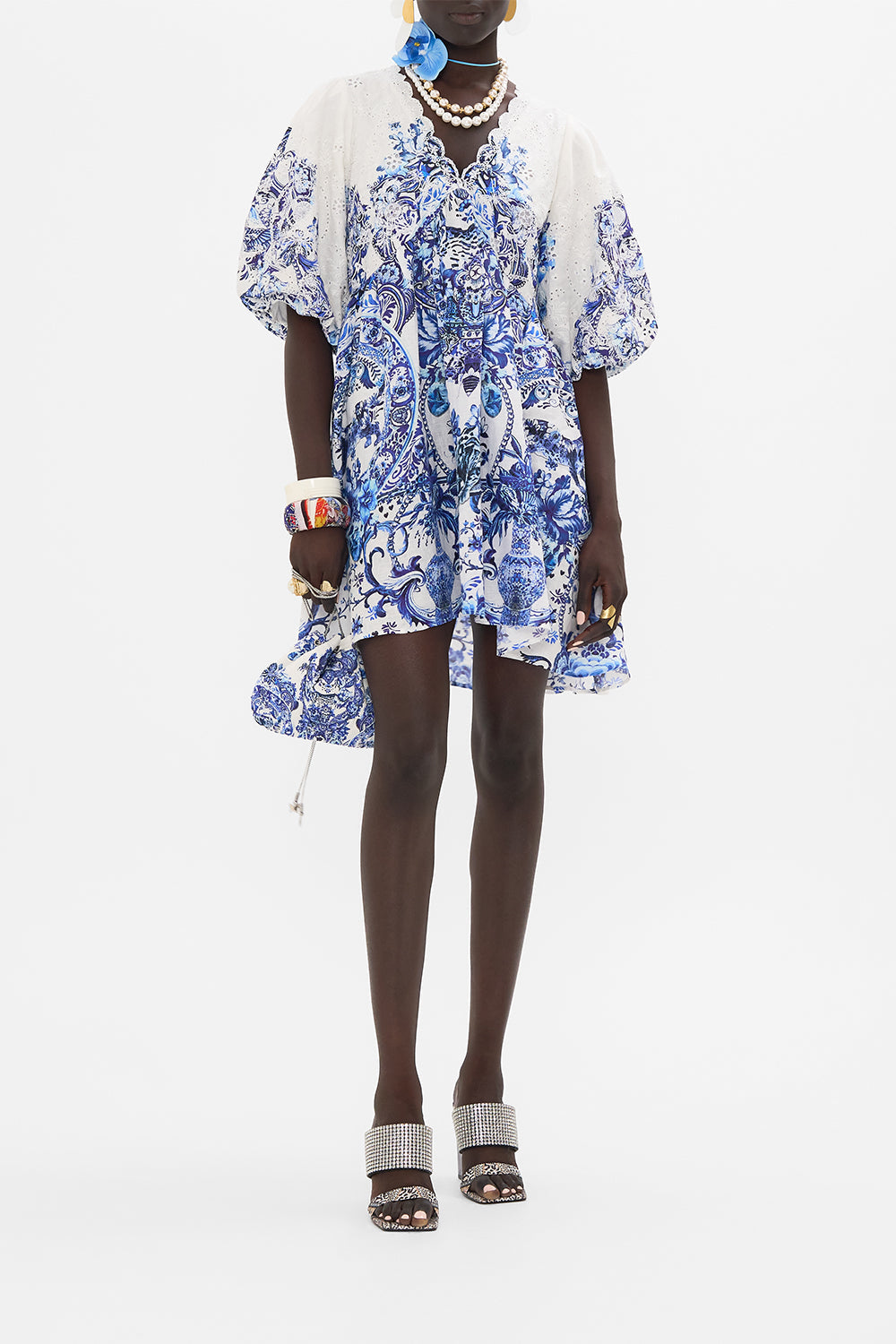 Front view of model wearing CAMILLA mini dress in Glaze And Graze print