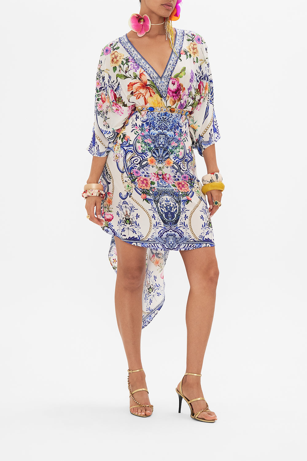 Back view of CAMILLA silk kaftan in Dutch Is Life print