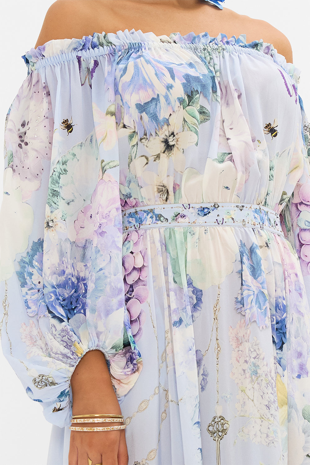 CAMILLA silk off shoulder maxi dress in Butterfloria print