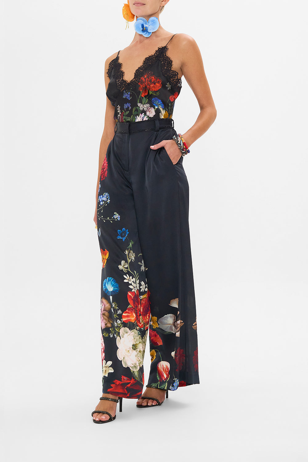 CAMILLA black floral print silk pants in A Still Life print