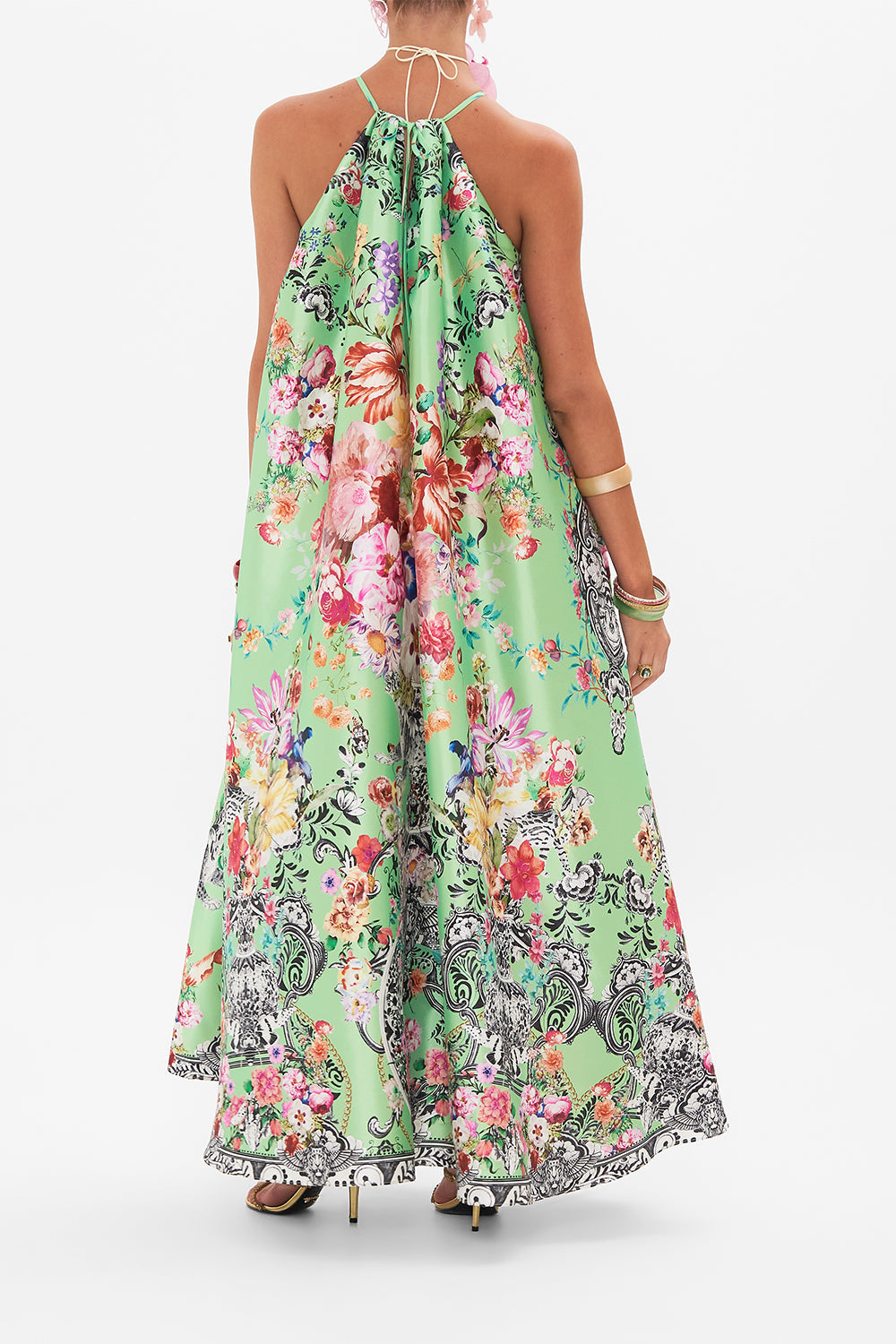 Back view of model wearing CAMILLA maxi dress in Porcelain Dream Print