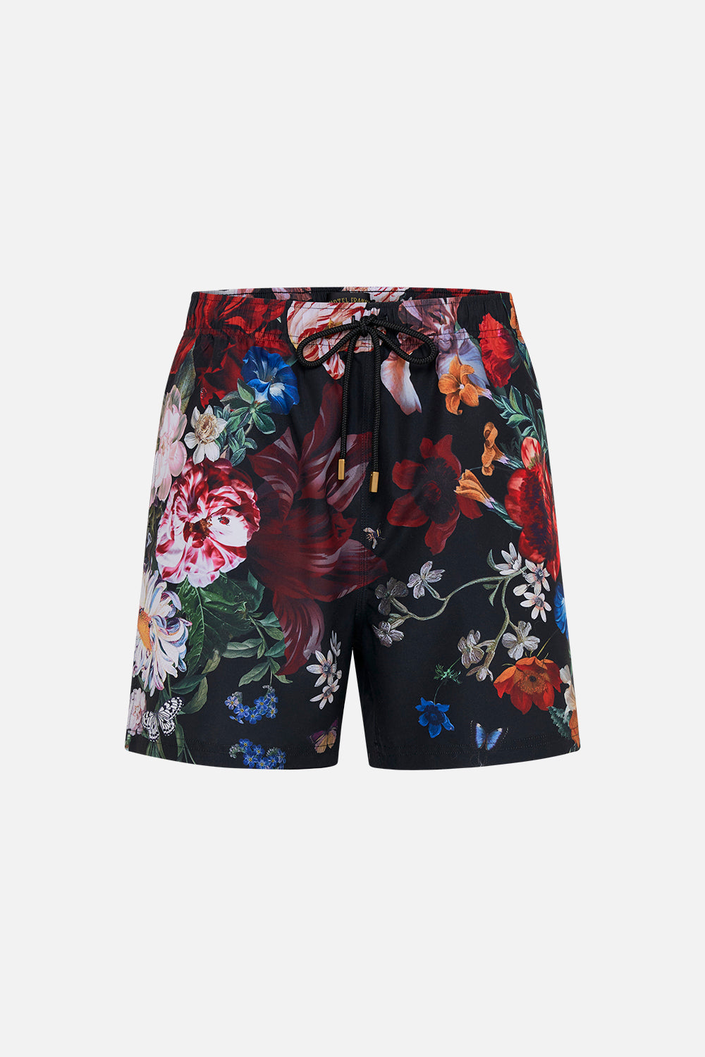 Hotel Franks by CAMILLA mens black floral print boardshorts in A Still Life print