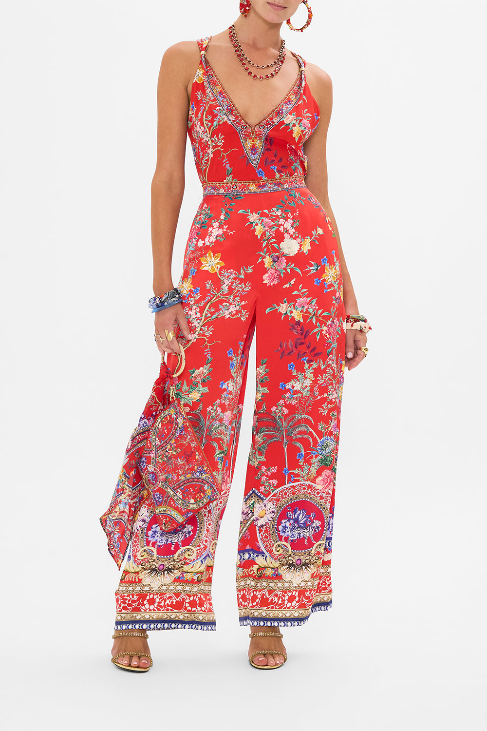 CAMILLA red floral print silk tank top in The Summer Palace print