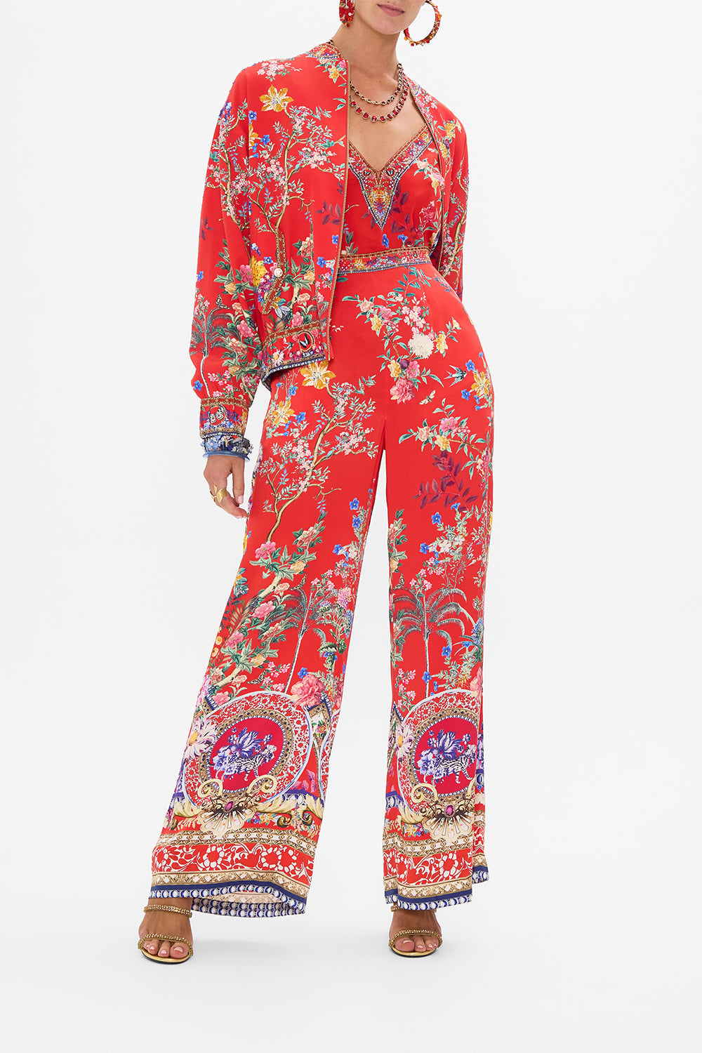 CAMILLA red floral print silk tank top in The Summer Palace print