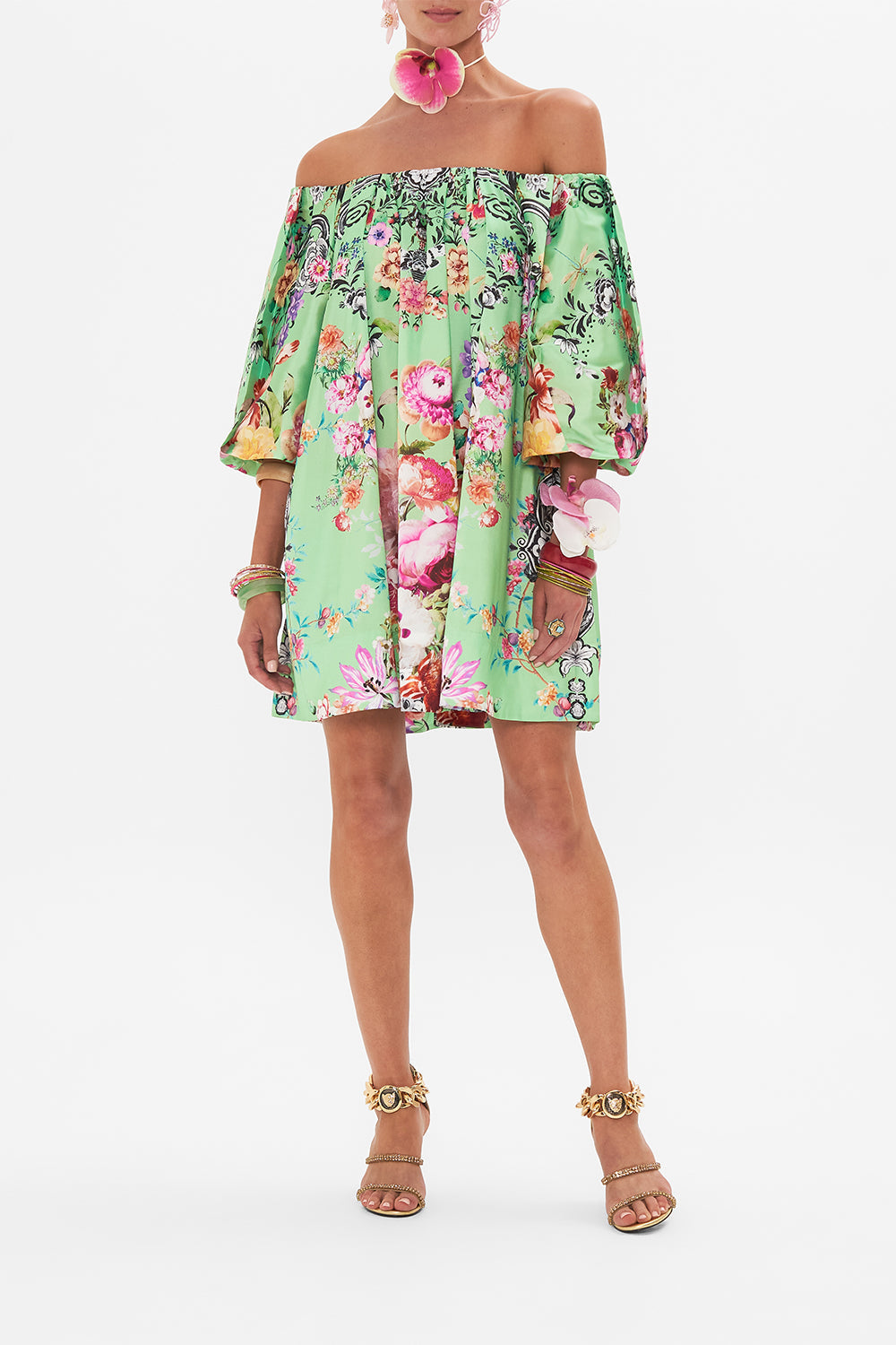 Front view of model wearing CAMILLA puff sleeve dress in Porcelain Dream print