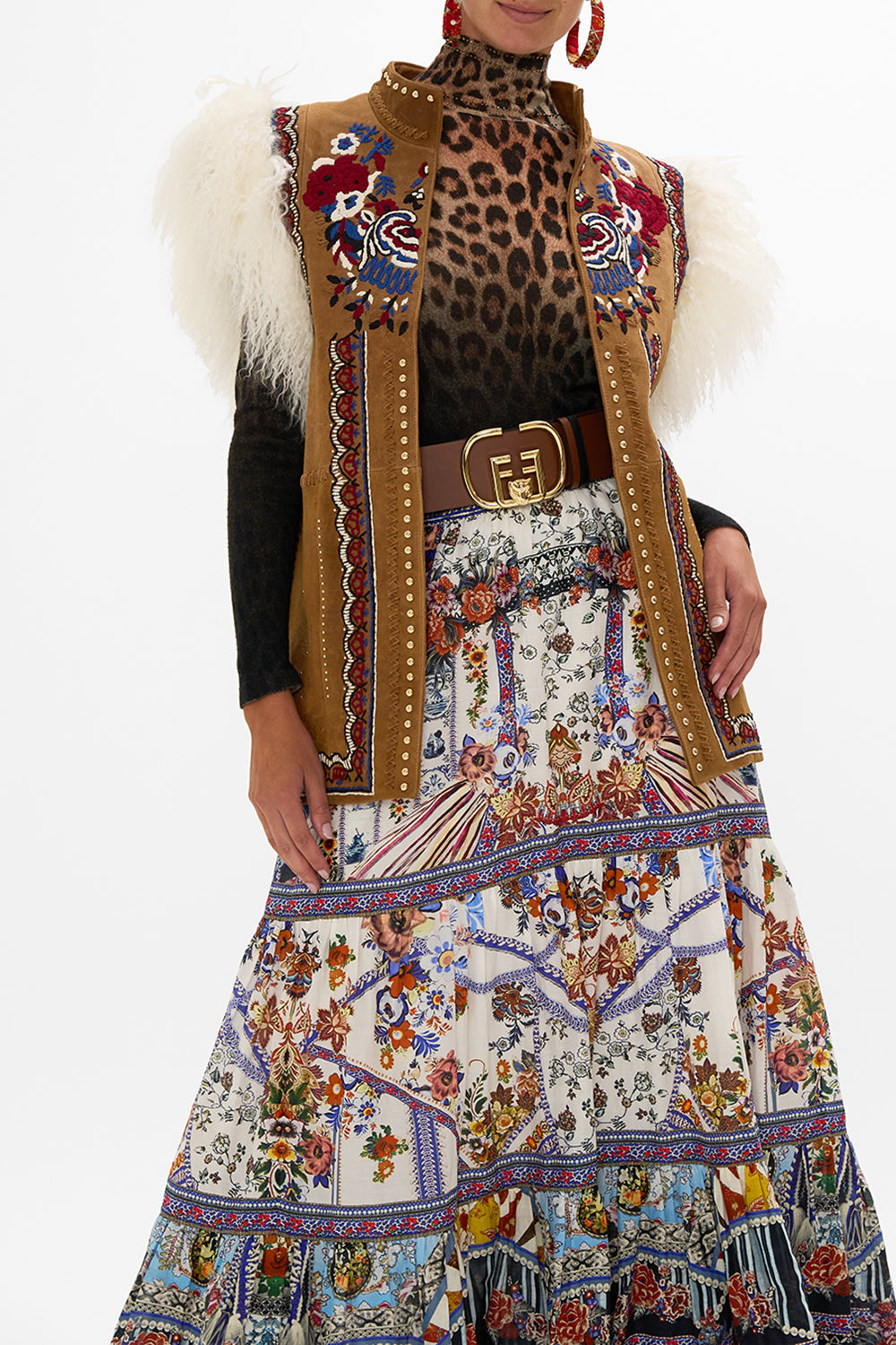 CAMILLA suede gilet in Volendam Dolls print