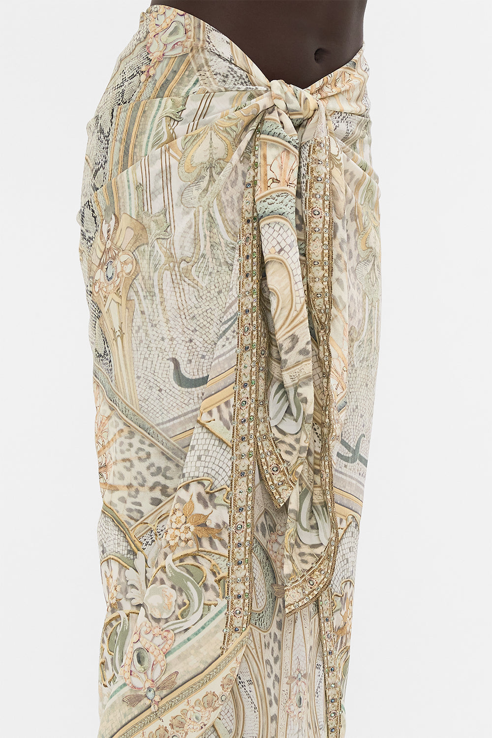 CAMILLA tie front skirt in Ivory Tower Tales print