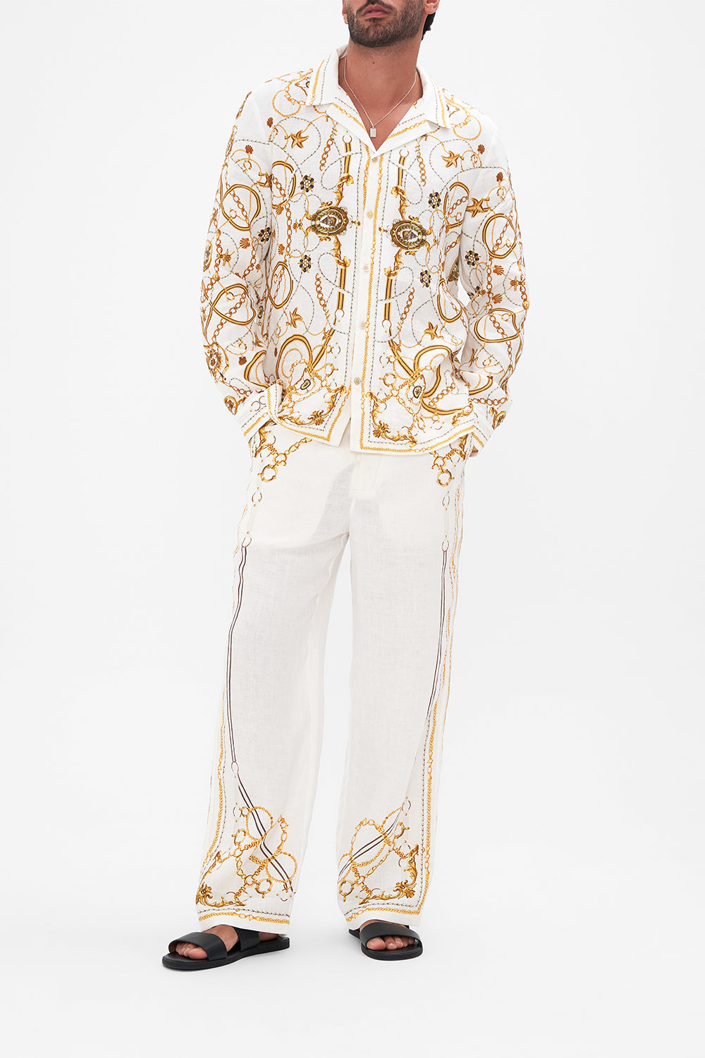 Front view of model wearing Hotel Franks By CAMILLA mens long sleeve camp collared shirt in Coast To Coast print