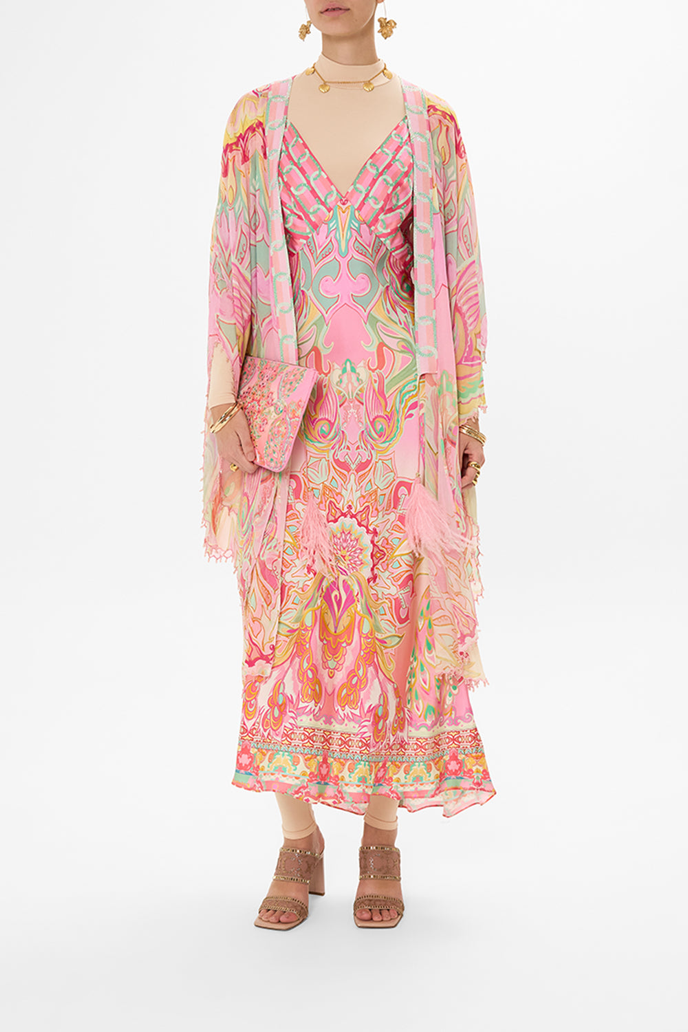 CAMILLA silk bias slip dress in Tea With Tuchinski print