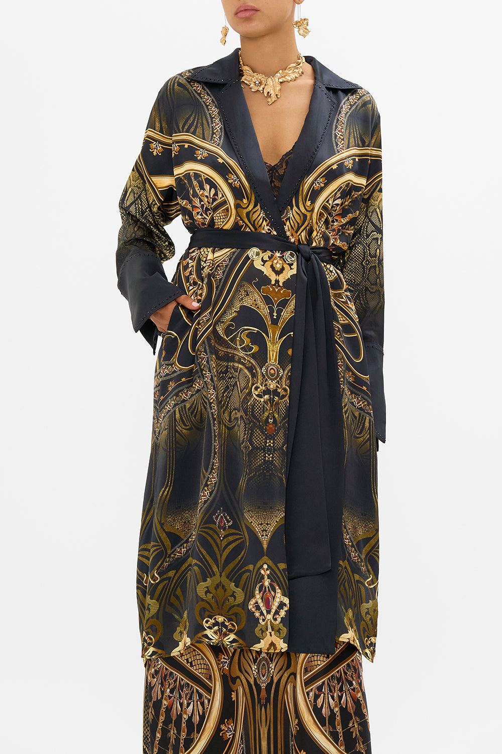 CAMILLA split cuff coat in Nouveau Noir print