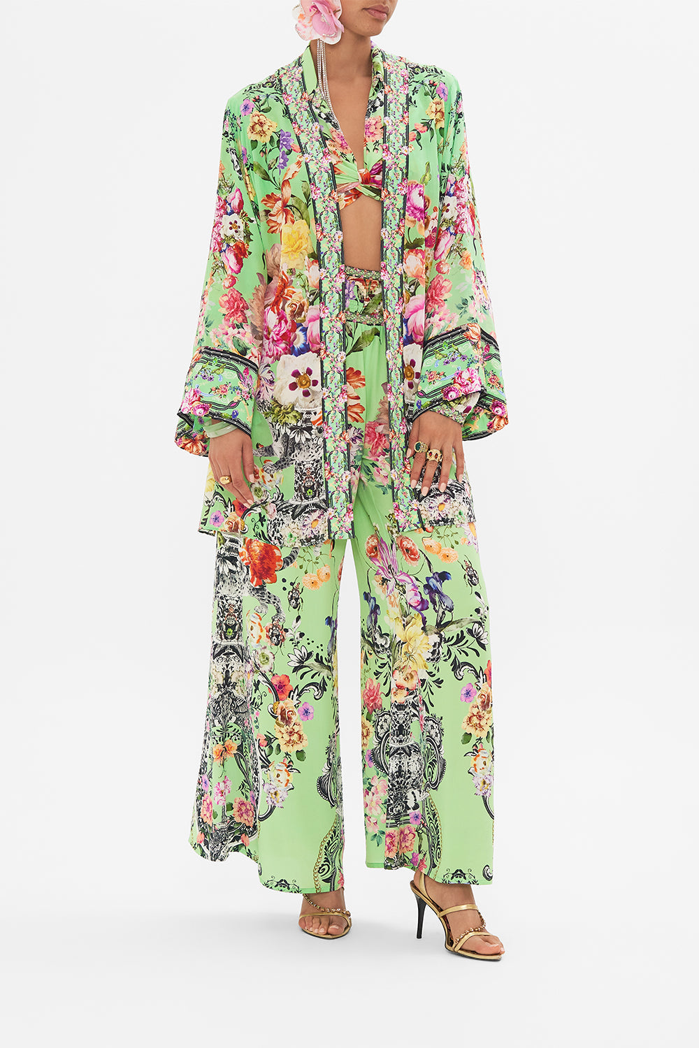 Front view of model wearing CAMILLA silk kimono in Porcelain Dream print