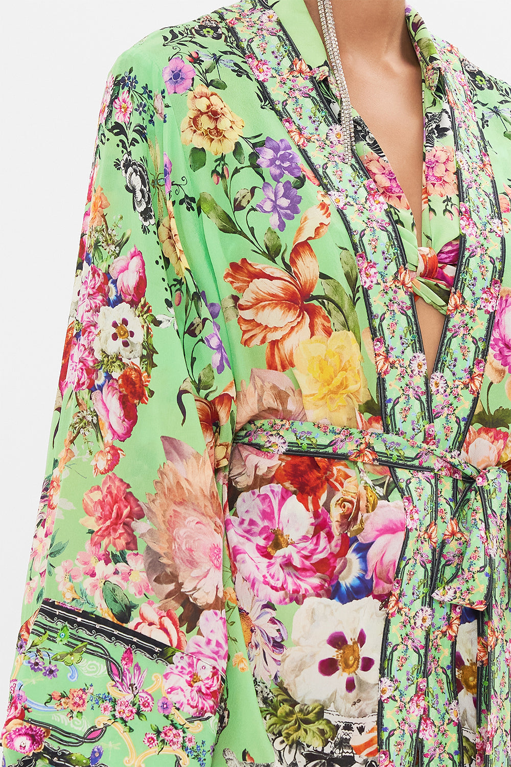 Detail view of model wearing CAMILLA silk kimono in Porcelain Dream print